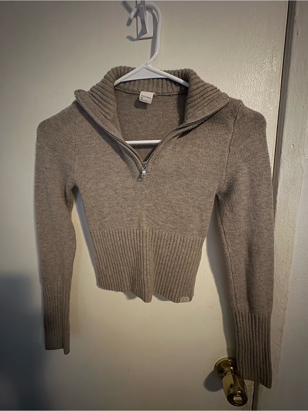 Quarter-Zip Ribbed Hem Women's Sweater - Taupe